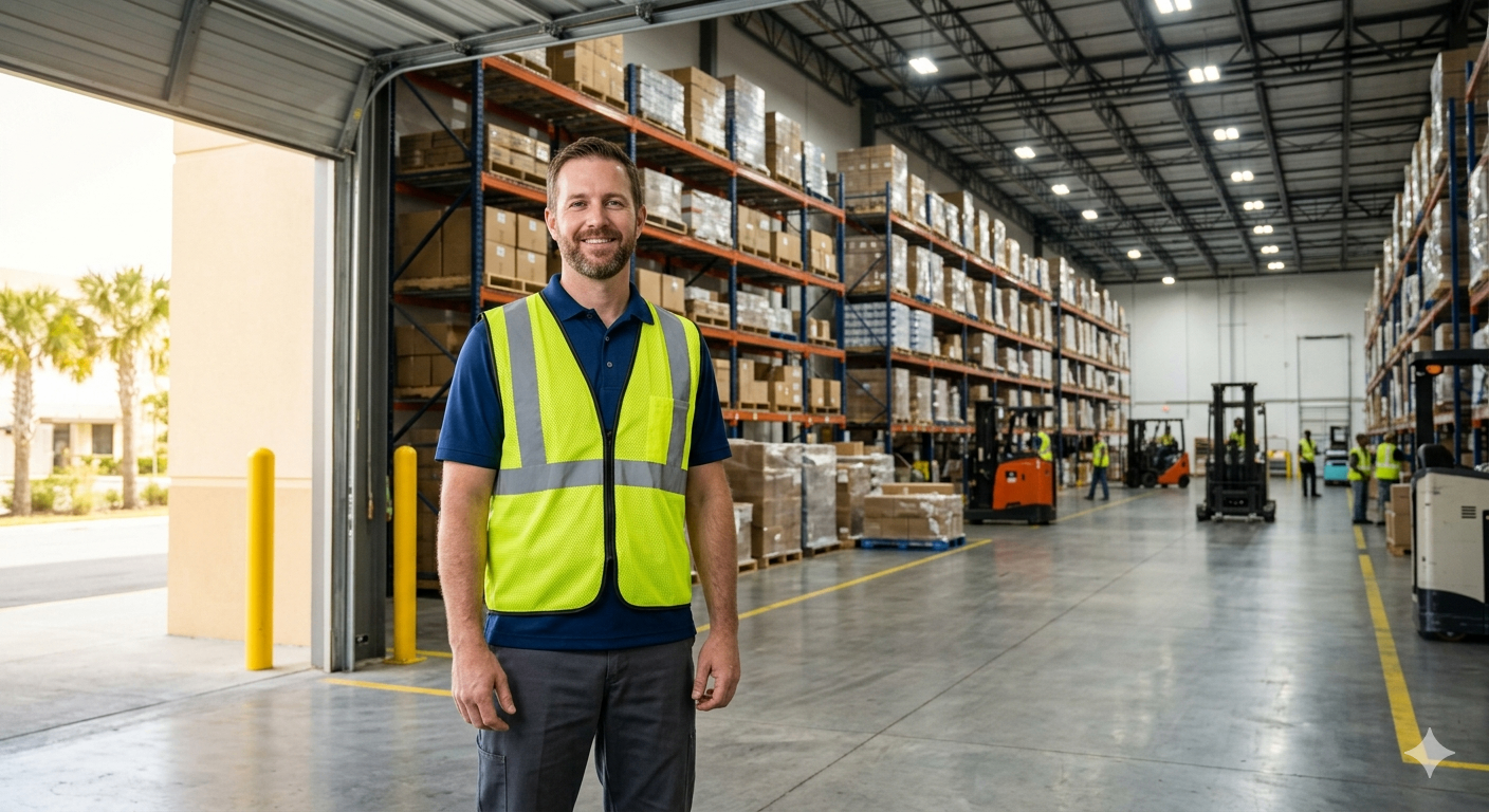 Busy warehouse loading dock with workers organizing shipments